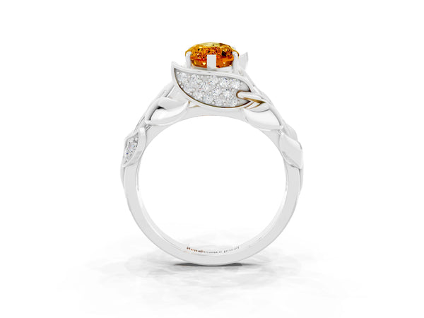 Platinum Marquise Cut Citrine Leaf-Inspired Engagement Ring with Round Accents and Prong Setting