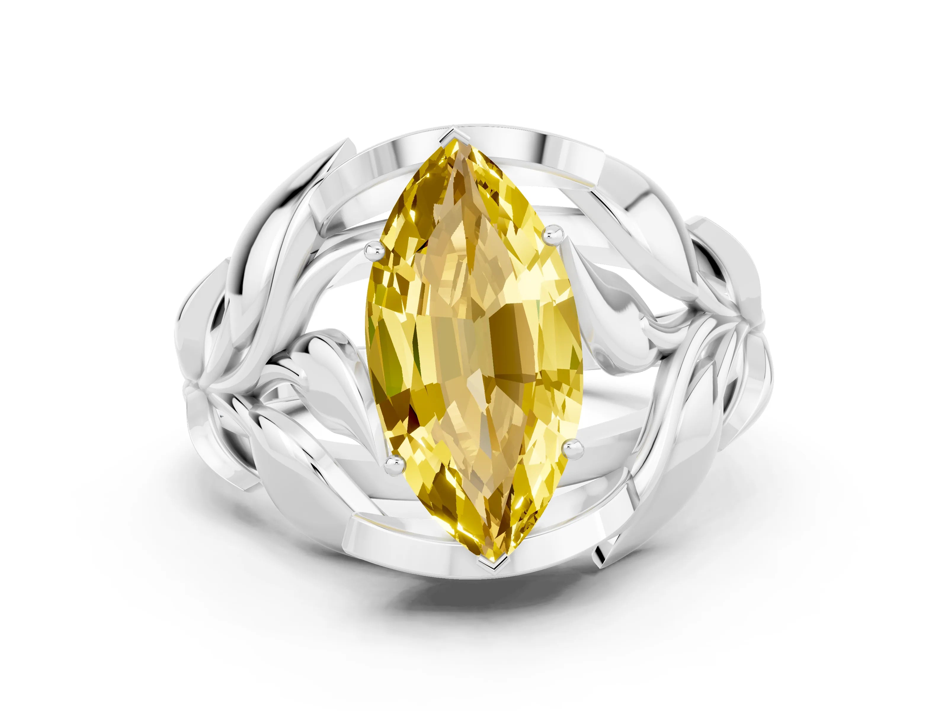 White gold Marquise Cut Solitaire Leaf-Inspired Engagement Ring with Prong Setting