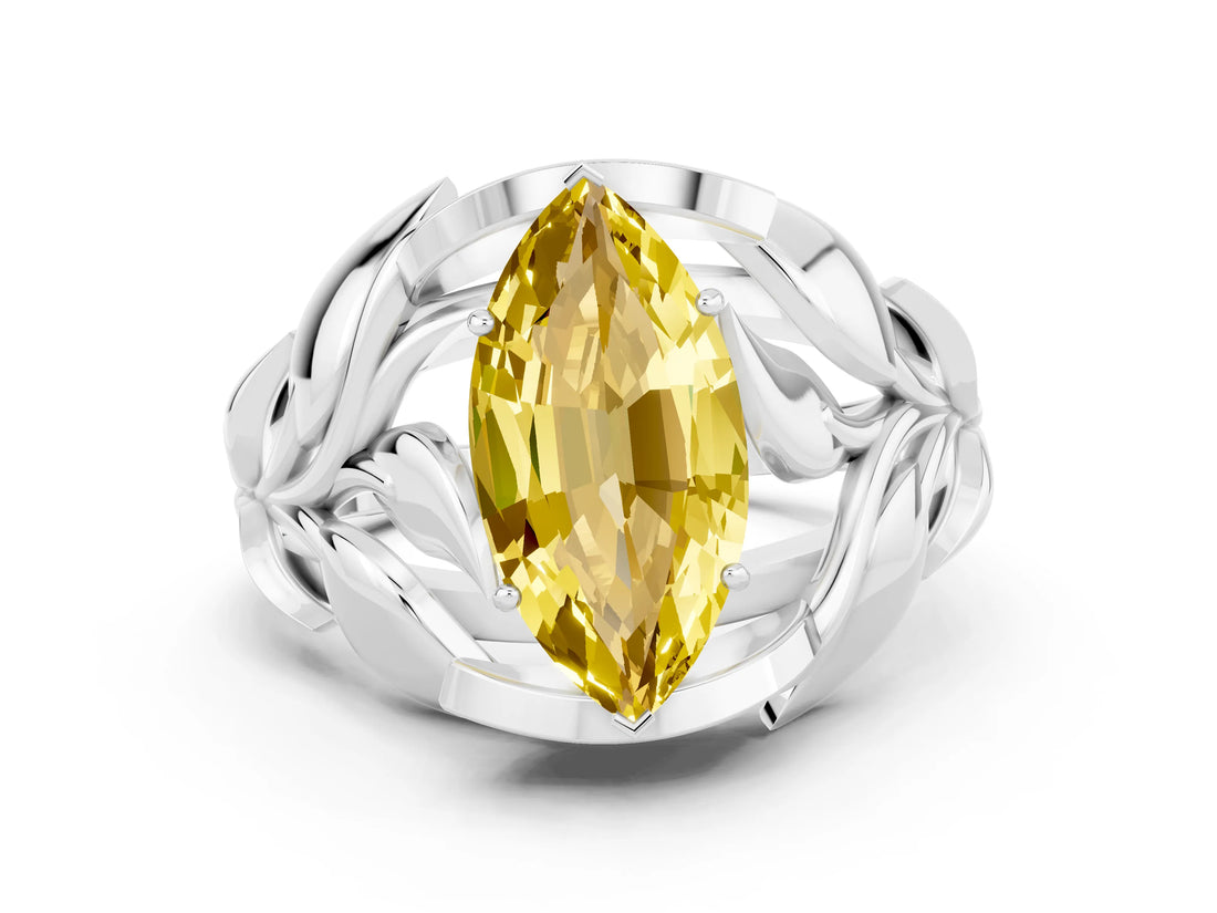 White gold Marquise Cut Solitaire Leaf-Inspired Engagement Ring with Prong Setting