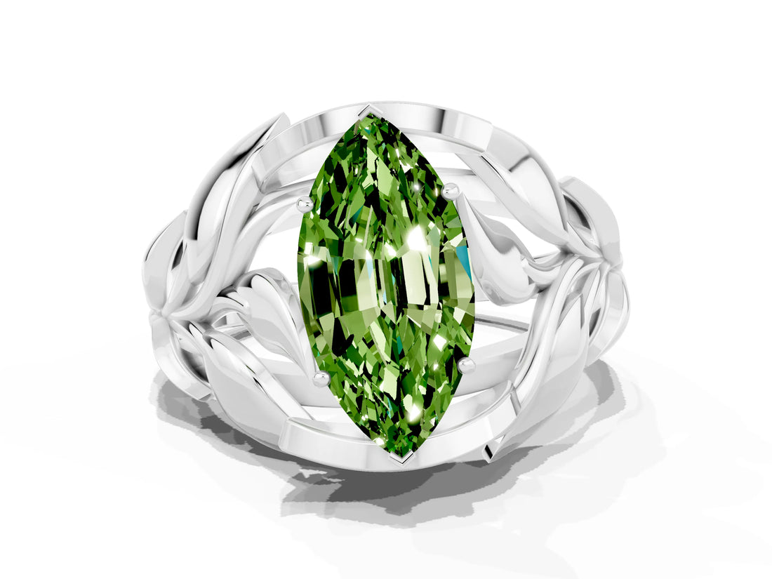 White gold Marquise Cut Solitaire Leaf-Inspired Engagement Ring with Prong Setting