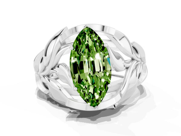 Platinum Marquise Cut Solitaire Leaf-Inspired Engagement Ring with Prong Setting