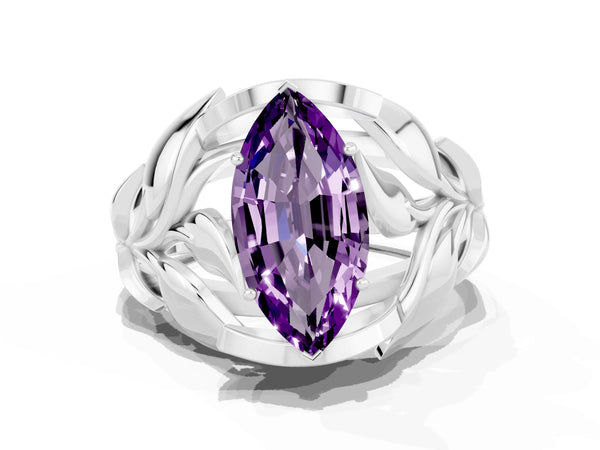 Silver Marquise Cut Amethyst Leaf-Inspired Engagement Ring with Round Accents and Prong Setting