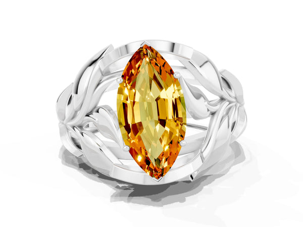 Platinum Marquise Cut Citrine Leaf-Inspired Engagement Ring with Round Accents and Prong Setting