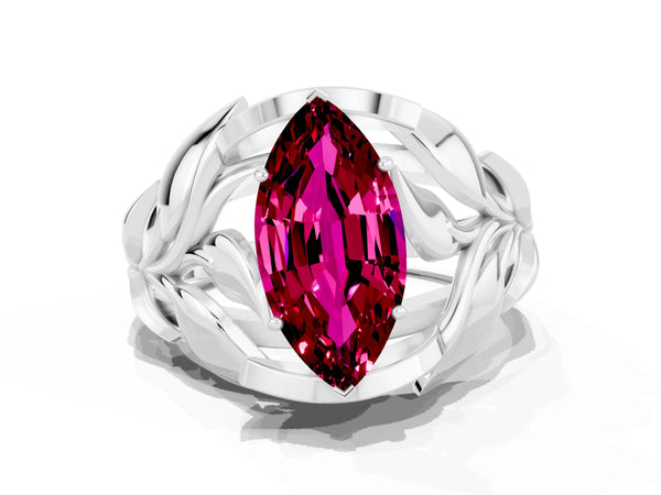 White gold Marquise Cut Garnet Leaf-Inspired Engagement Ring with Round Accents and Prong Setting