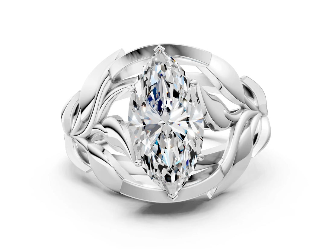 White gold Marquise Cut Solitaire Leaf-Inspired Engagement Ring with Prong Setting_7