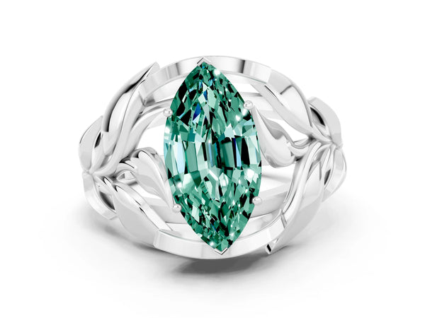 Platinum Marquise Cut Green Sapphire Leaf-Inspired Engagement Ring with Round Accents and Prong Setting