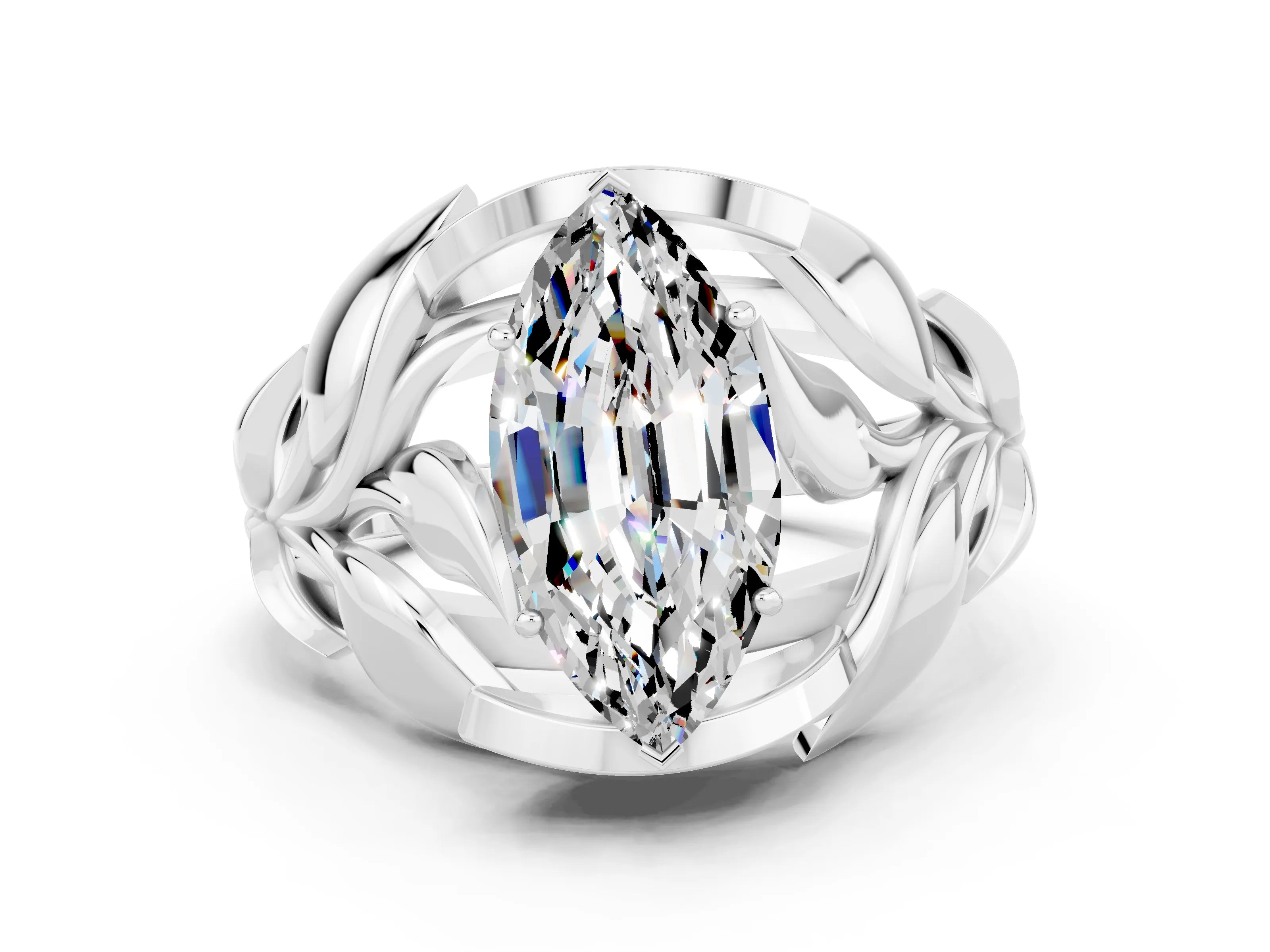 White gold Marquise Cut Solitaire Leaf-Inspired Engagement Ring with Prong Setting