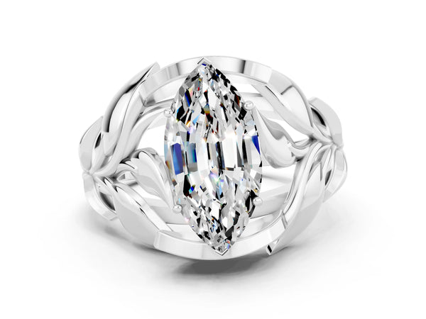 Platinum Marquise Cut Moissanite Leaf-Inspired Engagement Ring with Round Accents and Prong Setting