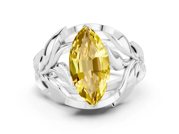 White gold Marquise Cut Yellow Sapphire Leaf-Inspired Engagement Ring with Round Accents and Prong Setting