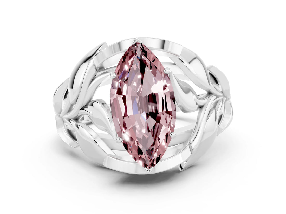 White gold Marquise Cut Solitaire Leaf-Inspired Engagement Ring with Prong Setting