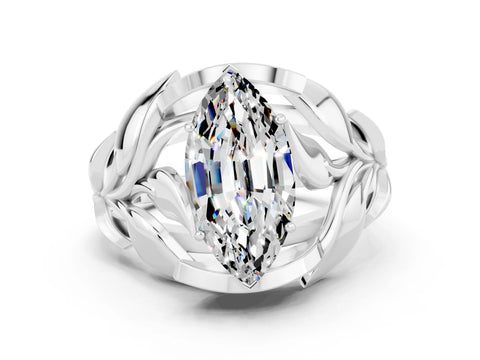 White gold Marquise Cut Solitaire Leaf-Inspired Engagement Ring with Prong Setting