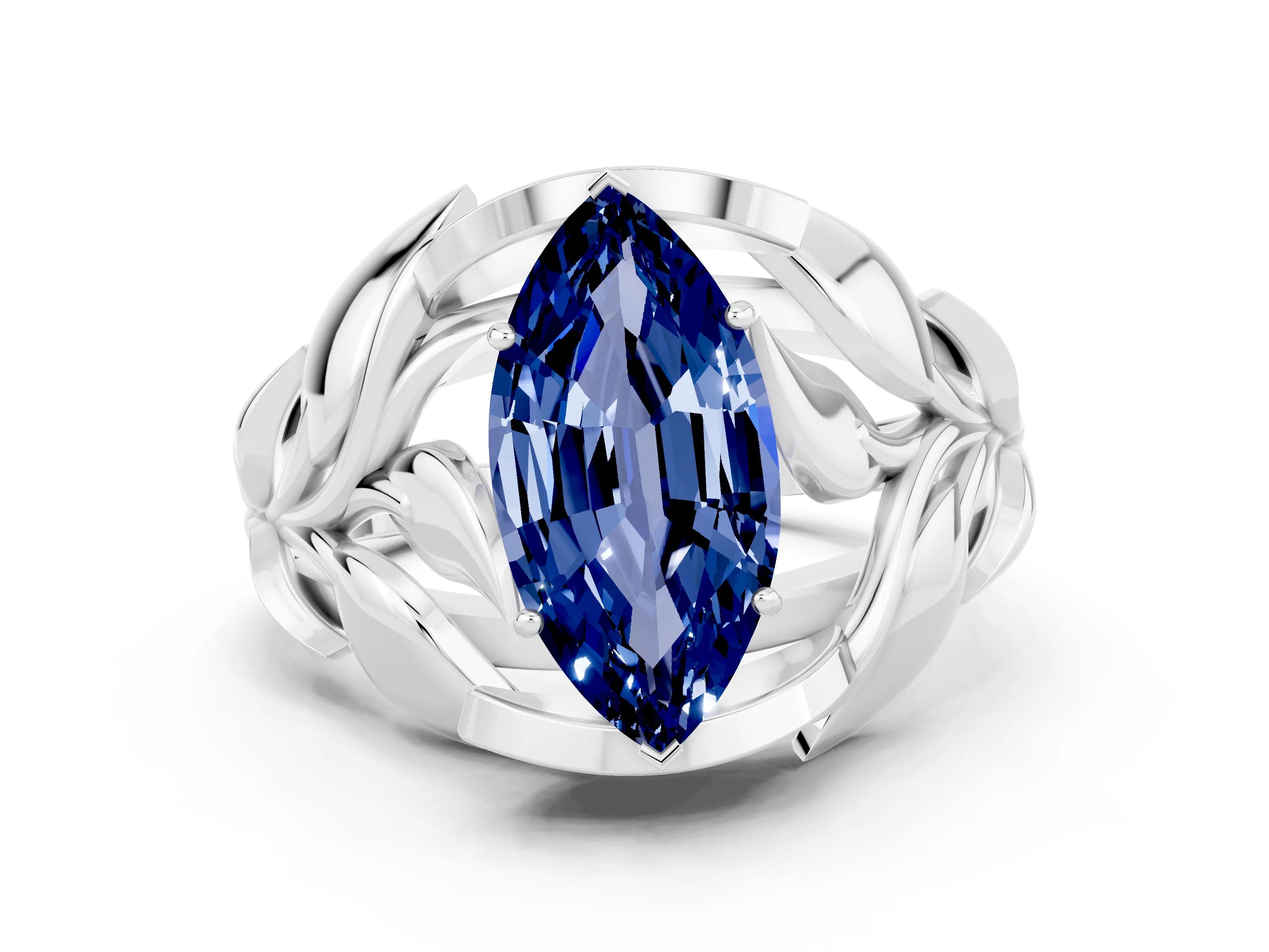 White gold Marquise Cut Solitaire Leaf-Inspired Engagement Ring with Prong Setting