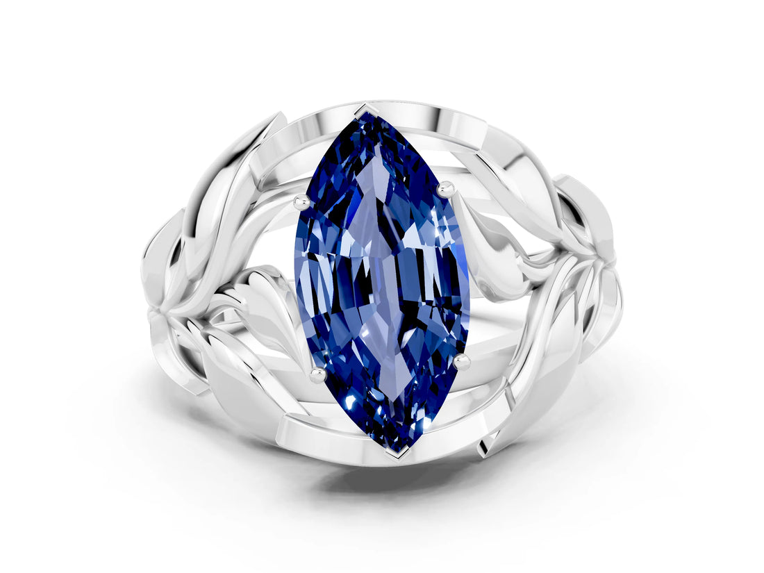 White gold Marquise Cut Solitaire Leaf-Inspired Engagement Ring with Prong Setting