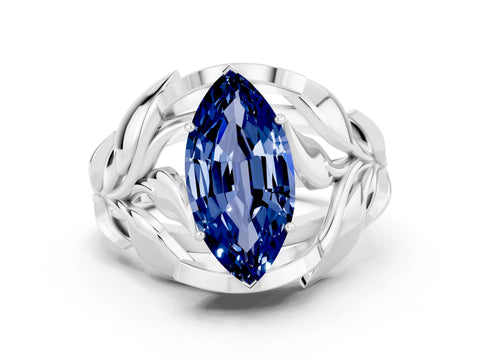 White gold Marquise Cut Solitaire Leaf-Inspired Engagement Ring with Prong Setting
