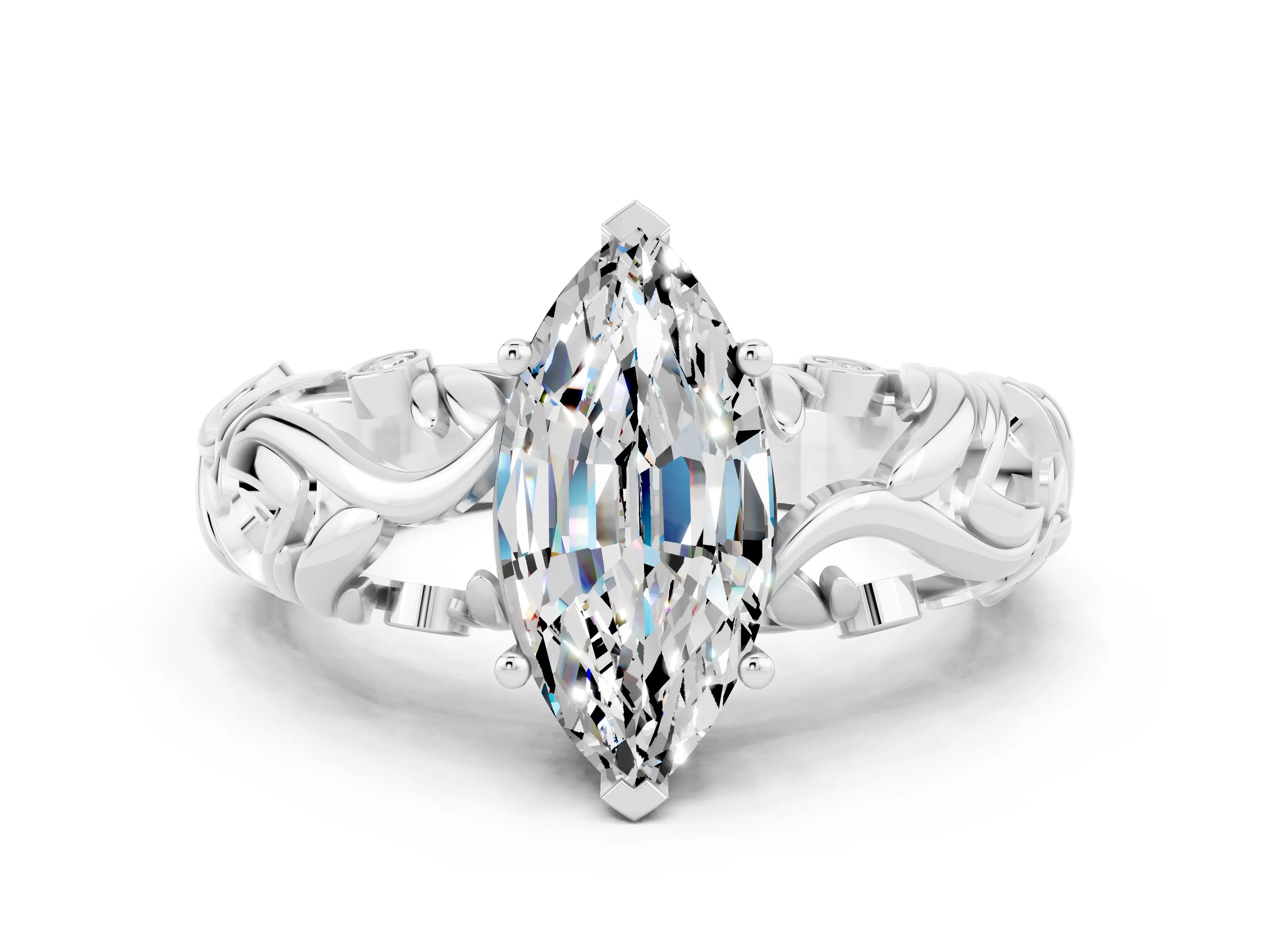 White gold Marquise Cut Solitaire Moissanite Leaf-Inspired Vine Band Ring with Prong Setting