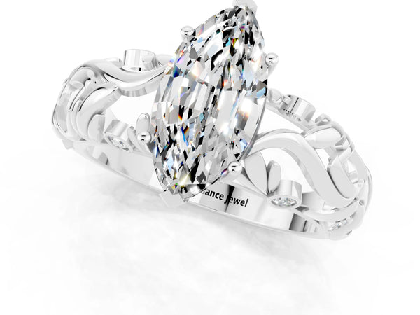 White gold Marquise Cut Solitaire Moissanite Leaf-Inspired Vine Band Ring with Prong Setting