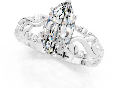 White gold Marquise Cut Solitaire Moissanite Leaf-Inspired Vine Band Ring with Prong Setting_1