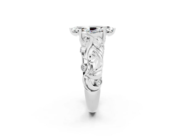 White gold Marquise Cut Solitaire Moissanite Leaf-Inspired Vine Band Ring with Prong Setting