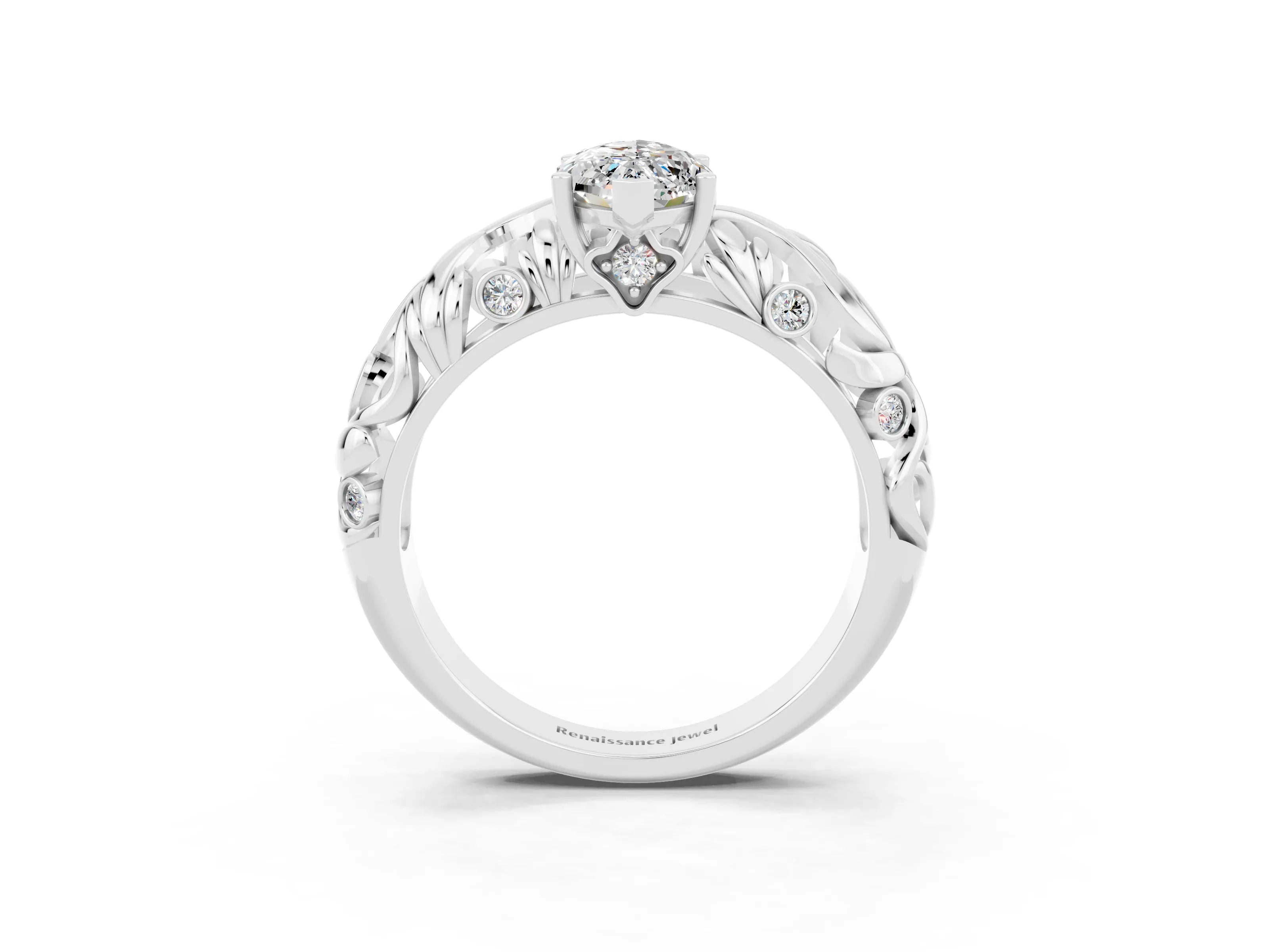 White gold Marquise Cut Solitaire Moissanite Leaf-Inspired Vine Band Ring with Prong Setting_3