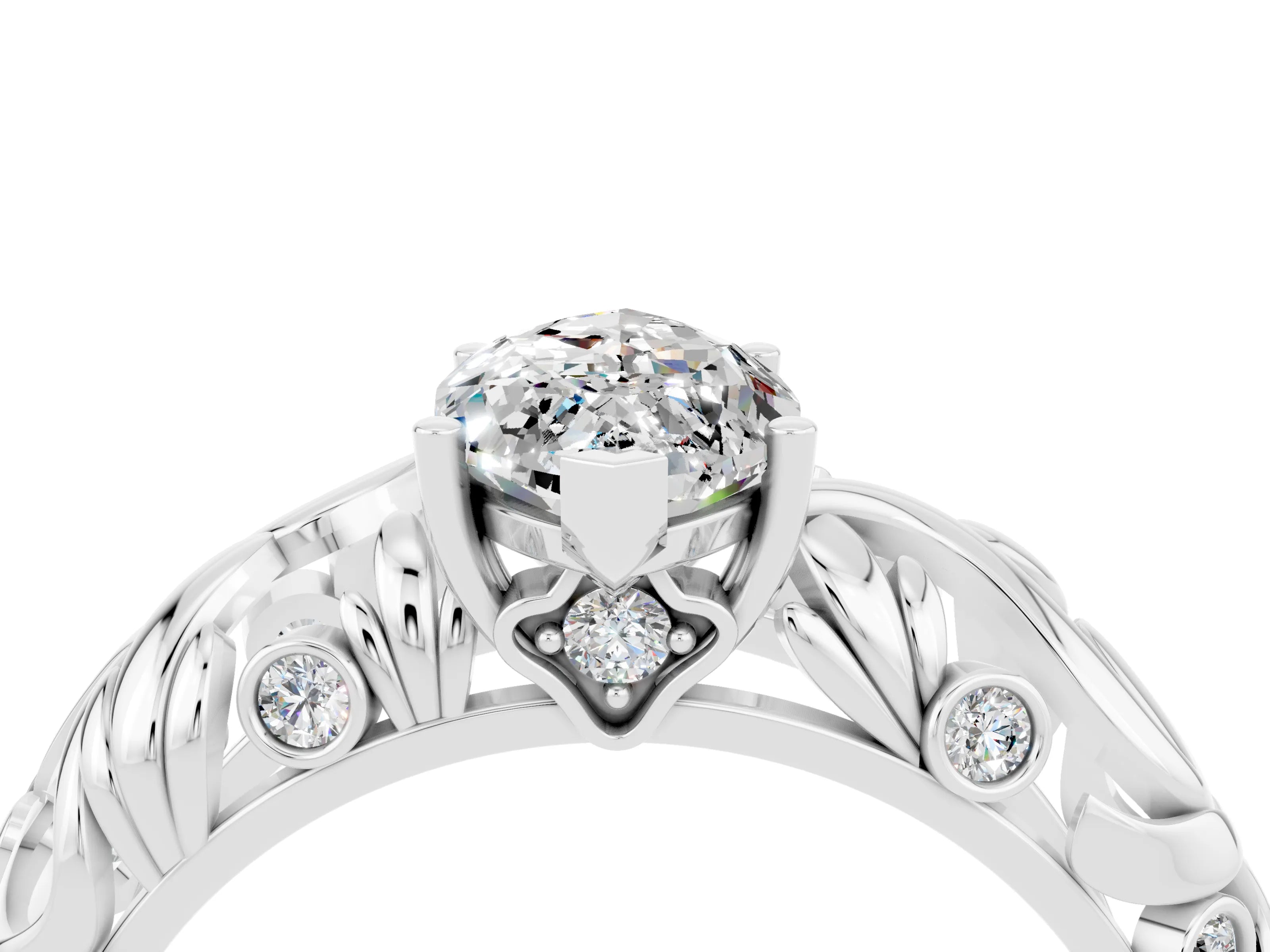 White gold Marquise Cut Solitaire Moissanite Leaf-Inspired Vine Band Ring with Prong Setting_4