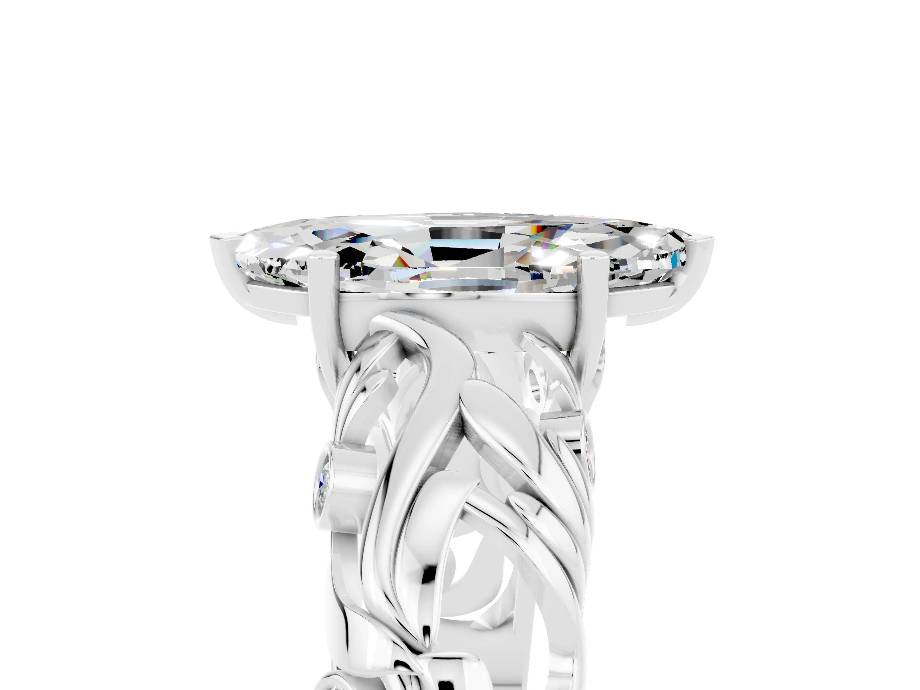White gold Marquise Cut Solitaire Moissanite Leaf-Inspired Vine Band Ring with Prong Setting_5