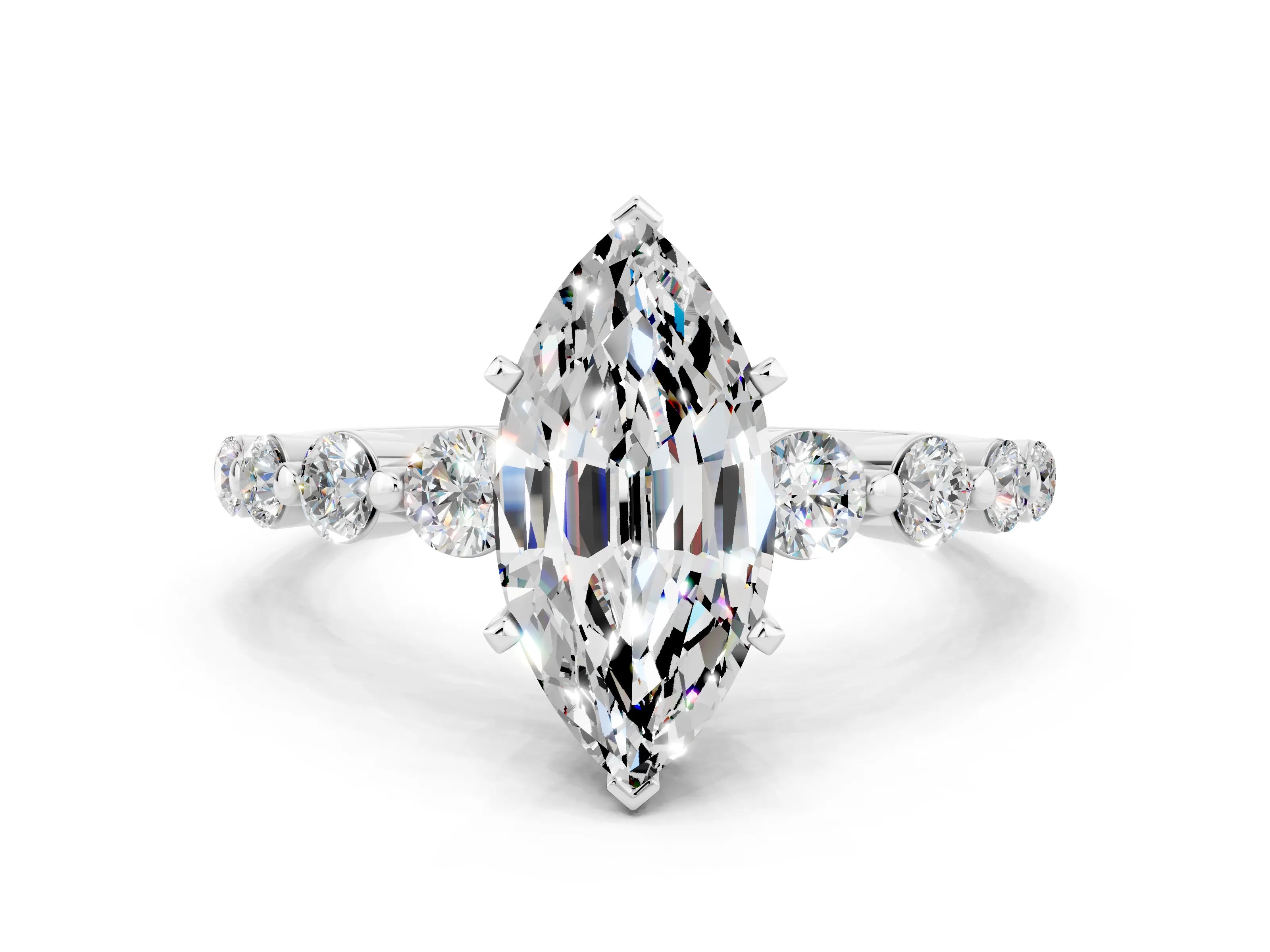 White gold Marquise Cut Solitaire Moissanite Ring with Pave Band and Four-Prong Setting