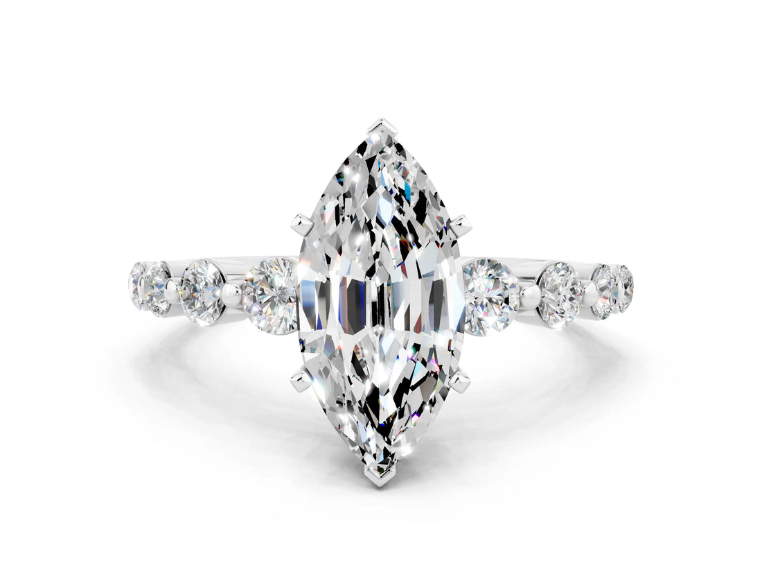 White gold Marquise Cut Solitaire Moissanite Ring with Pave Band and Four-Prong Setting