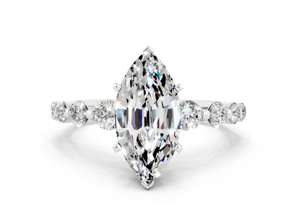 Platinum Marquise Cut Solitaire Moissanite Ring with Pave Band and Four-Prong Setting
