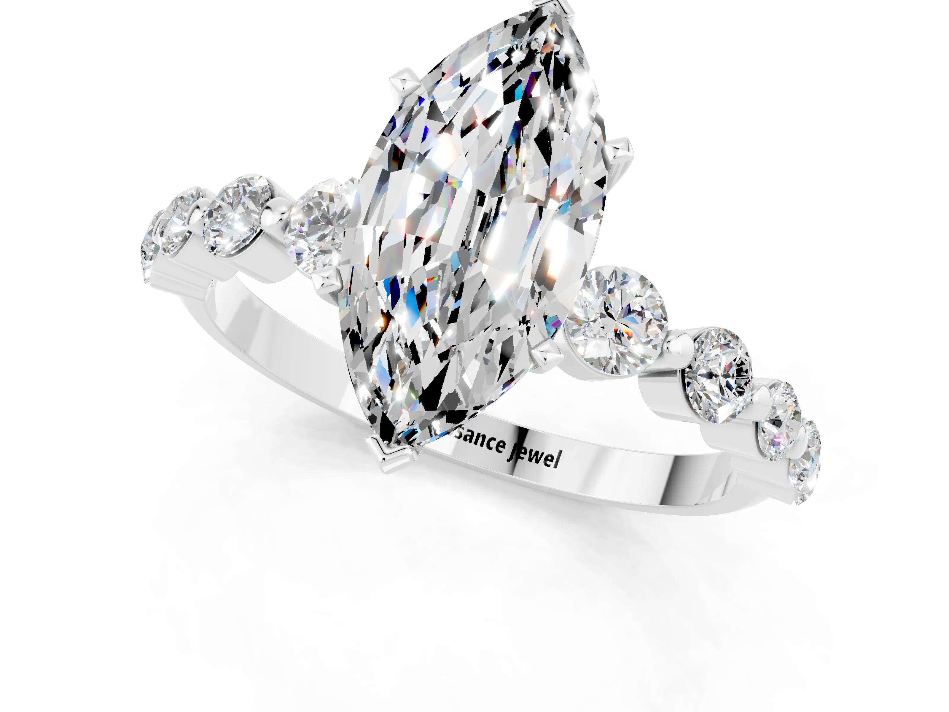 White gold Marquise Cut Solitaire Moissanite Ring with Pave Band and Four-Prong Setting_1