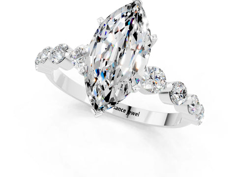 White gold Marquise Cut Solitaire Moissanite Ring with Pave Band and Four-Prong Setting_1