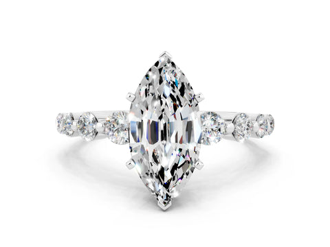 White gold Marquise Cut Solitaire Moissanite Ring with Pave Band and Four-Prong Setting