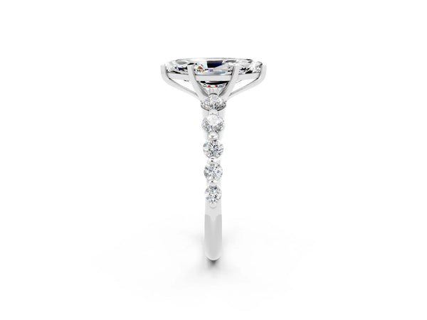 White gold Marquise Cut Solitaire Moissanite Ring with Pave Band and Four-Prong Setting