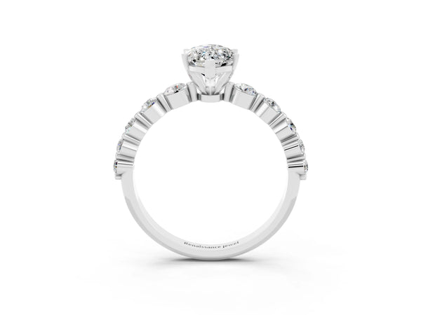 White gold Marquise Cut Solitaire Moissanite Ring with Pave Band and Four-Prong Setting