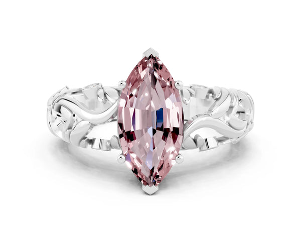 Platinum Marquise Cut Solitaire Morganite Leaf-Inspired Vine Band Ring with Prong Setting