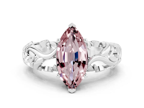 White gold Marquise Cut Solitaire Morganite Leaf-Inspired Vine Band Ring with Prong Setting
