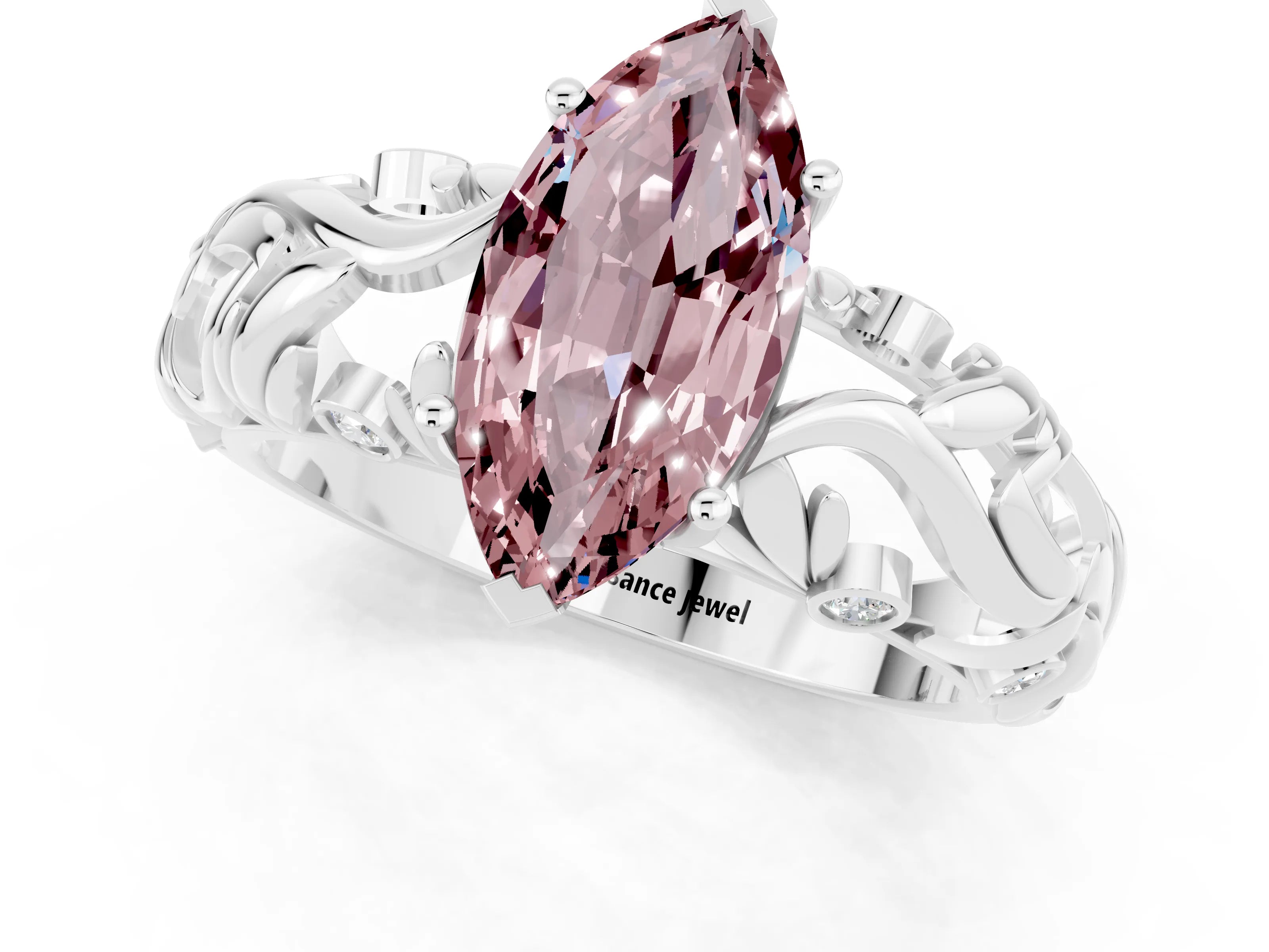 White gold Marquise Cut Solitaire Morganite Leaf-Inspired Vine Band Ring with Prong Setting_1