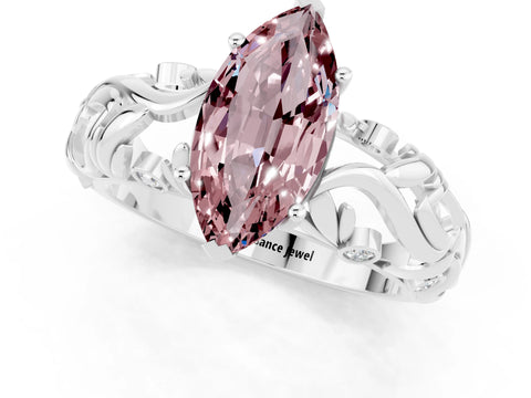 White gold Marquise Cut Solitaire Morganite Leaf-Inspired Vine Band Ring with Prong Setting_1
