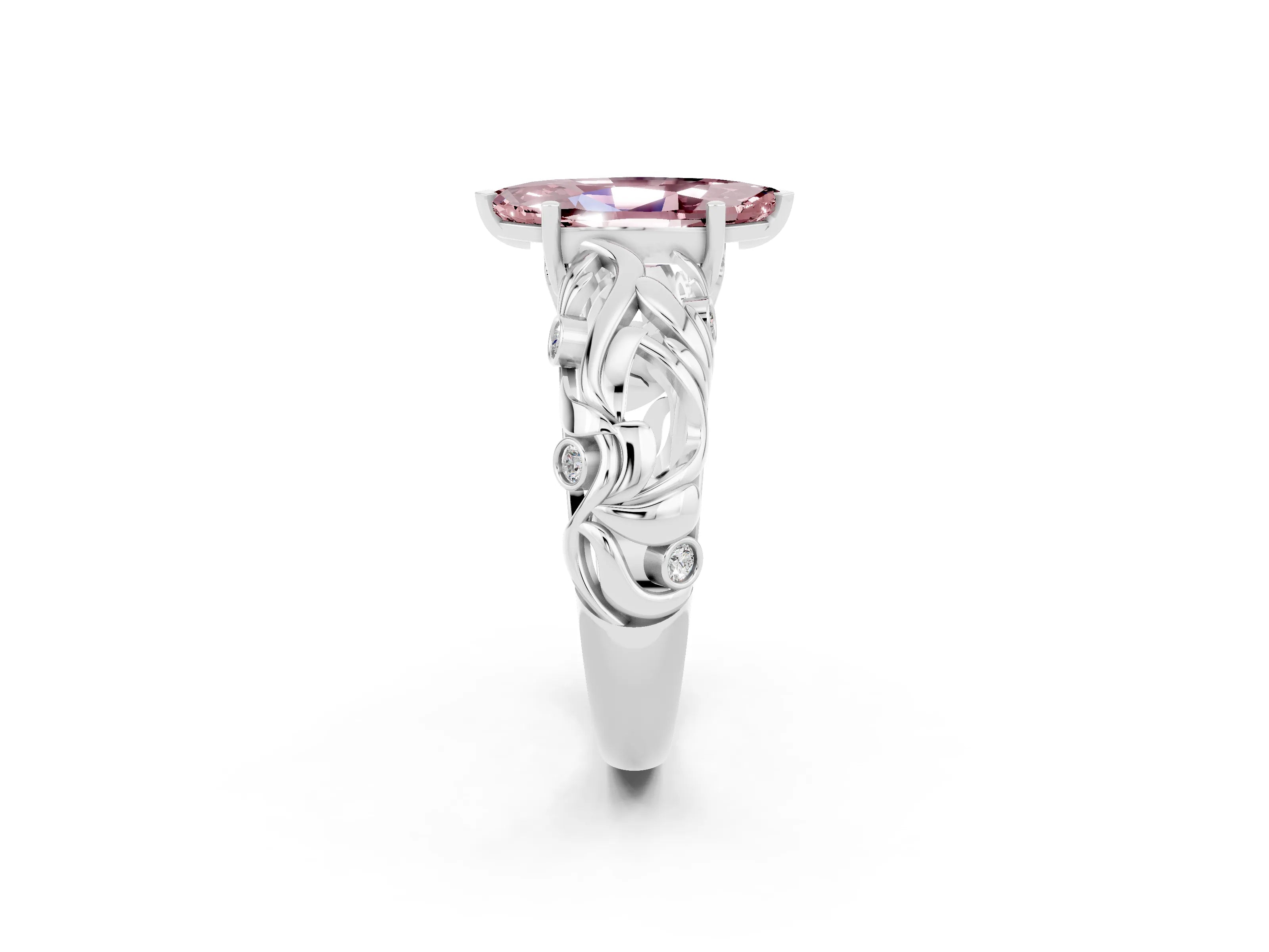 White gold Marquise Cut Solitaire Morganite Leaf-Inspired Vine Band Ring with Prong Setting_2