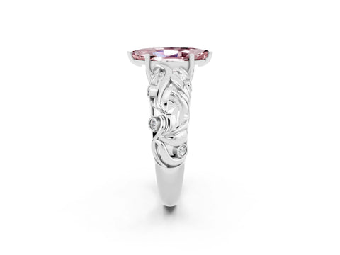 White gold Marquise Cut Solitaire Morganite Leaf-Inspired Vine Band Ring with Prong Setting_2