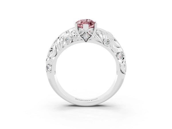 Platinum Marquise Cut Solitaire Morganite Leaf-Inspired Vine Band Ring with Prong Setting