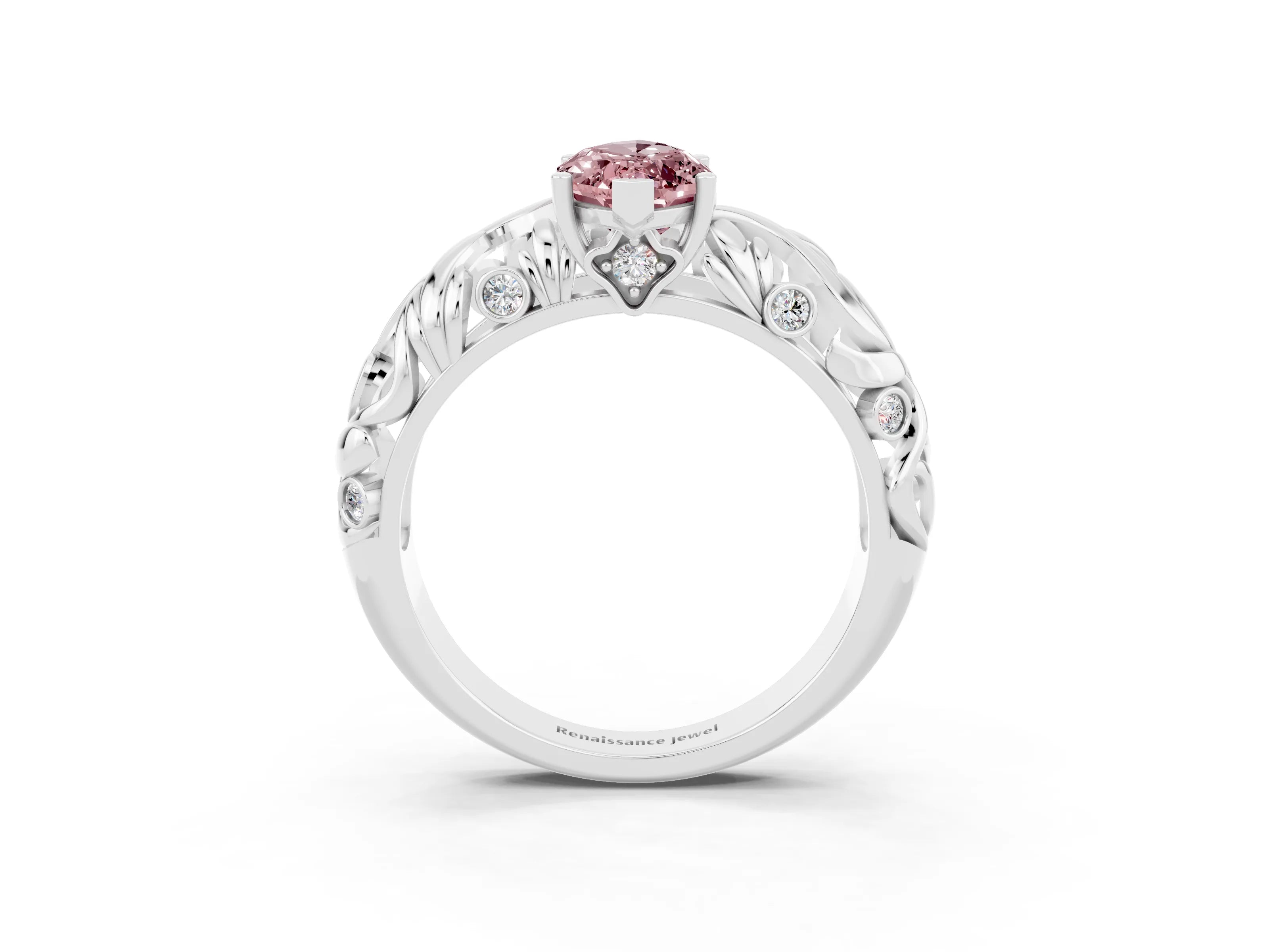 White gold Marquise Cut Solitaire Morganite Leaf-Inspired Vine Band Ring with Prong Setting_3