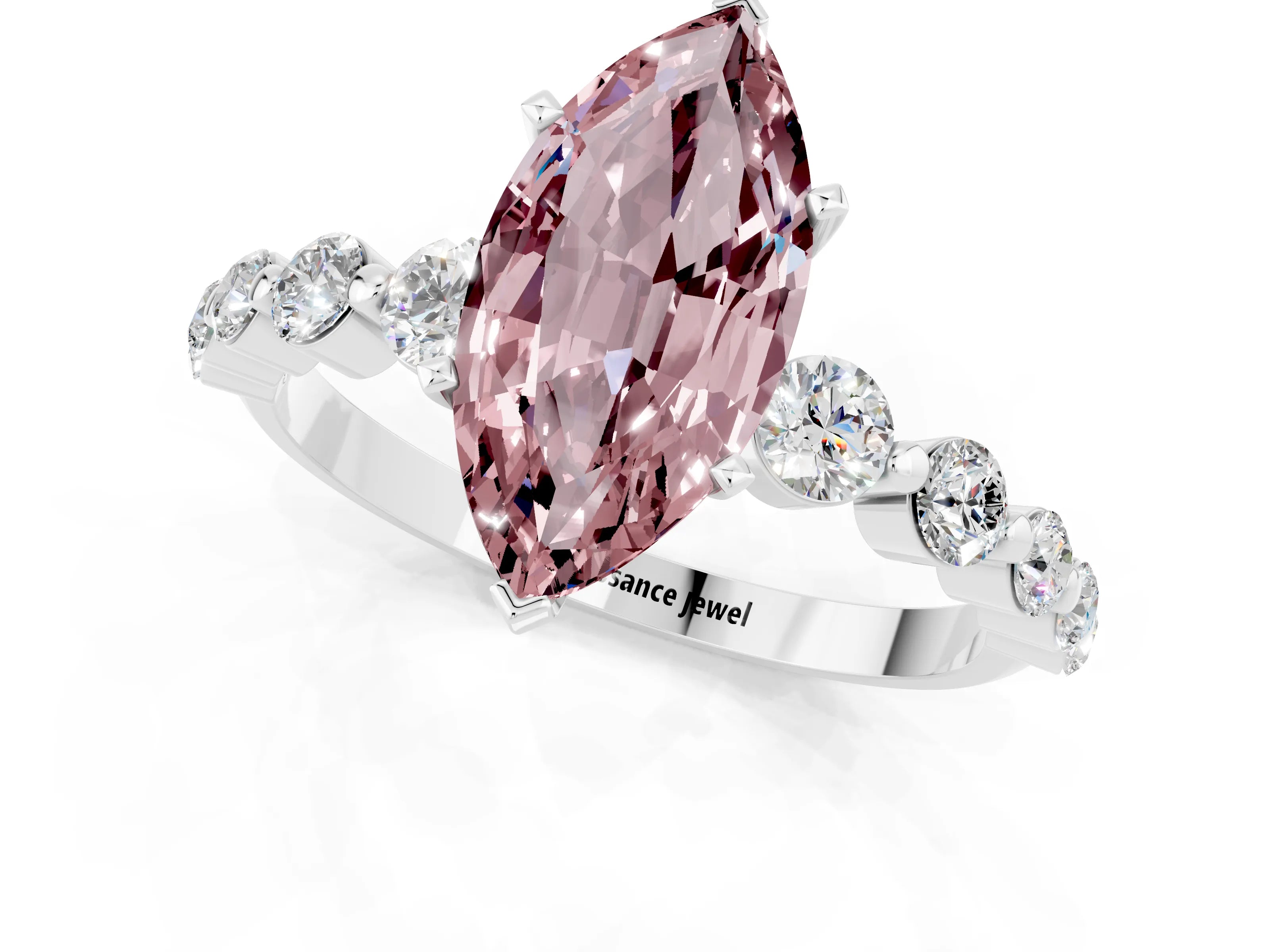 White gold Marquise Cut Solitaire Morganite Ring with Pave Band and Four-Prong Setting_1