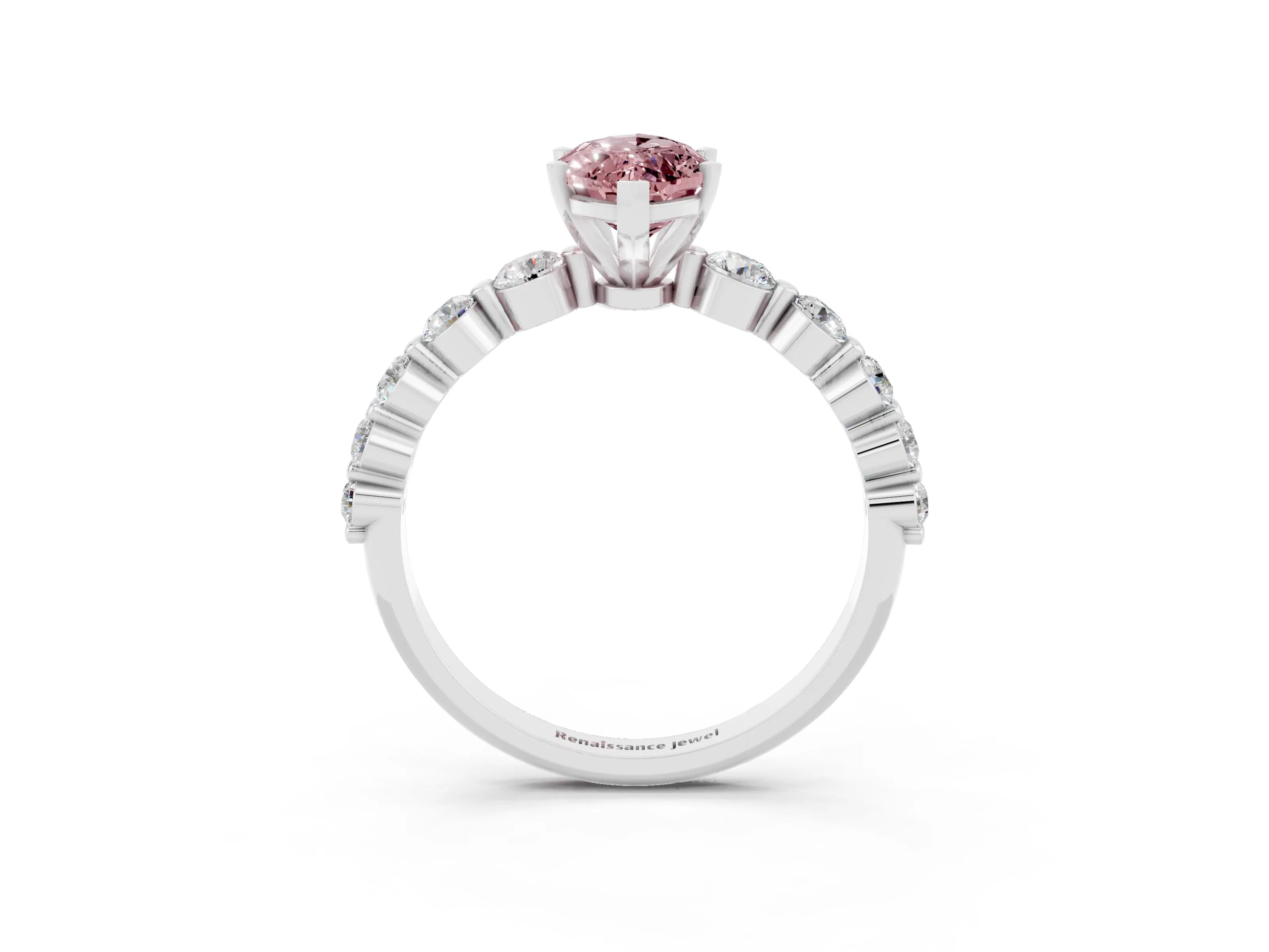 White gold Marquise Cut Solitaire Morganite Ring with Pave Band and Four-Prong Setting_3