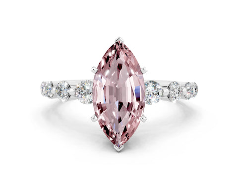 White gold Marquise Cut Solitaire Morganite Ring with Pave Band and Four-Prong Setting