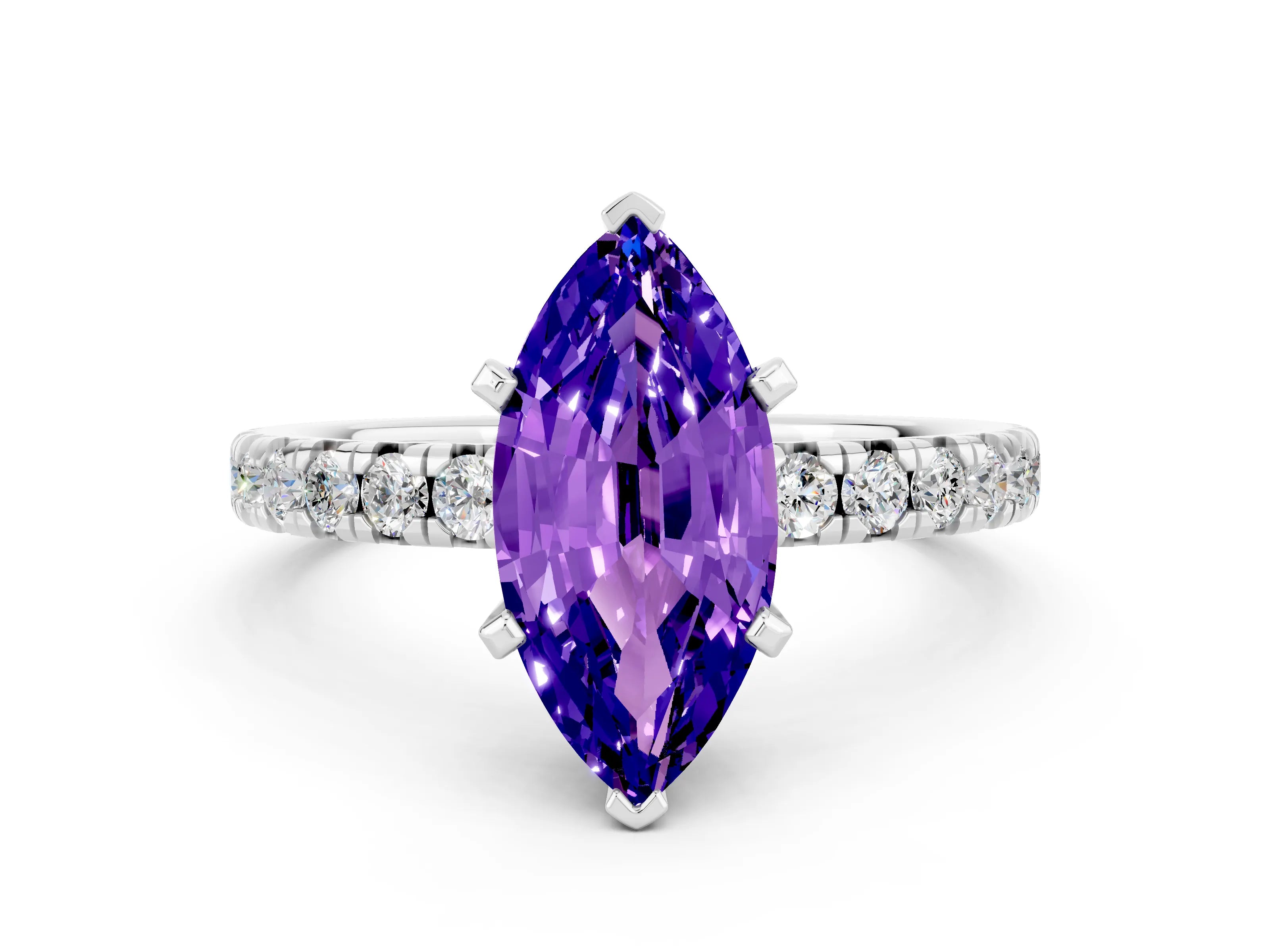 White gold Marquise Cut Solitaire Pave Diamond Engagement Ring with Four-Prong Setting