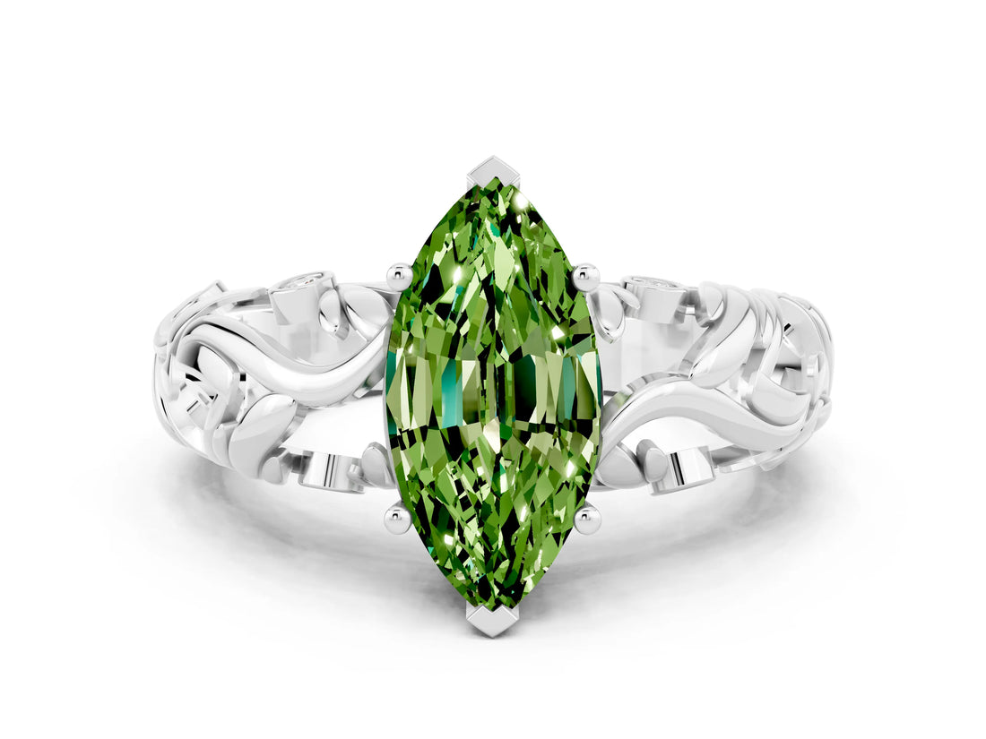 White gold Marquise Cut Solitaire Peridot Leaf-Inspired Vine Band Ring with Prong Setting