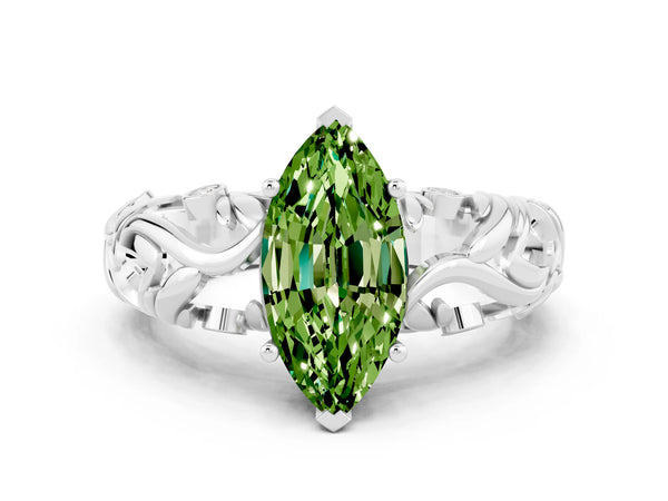 White gold Marquise Cut Solitaire Peridot Leaf-Inspired Vine Band Ring with Prong Setting