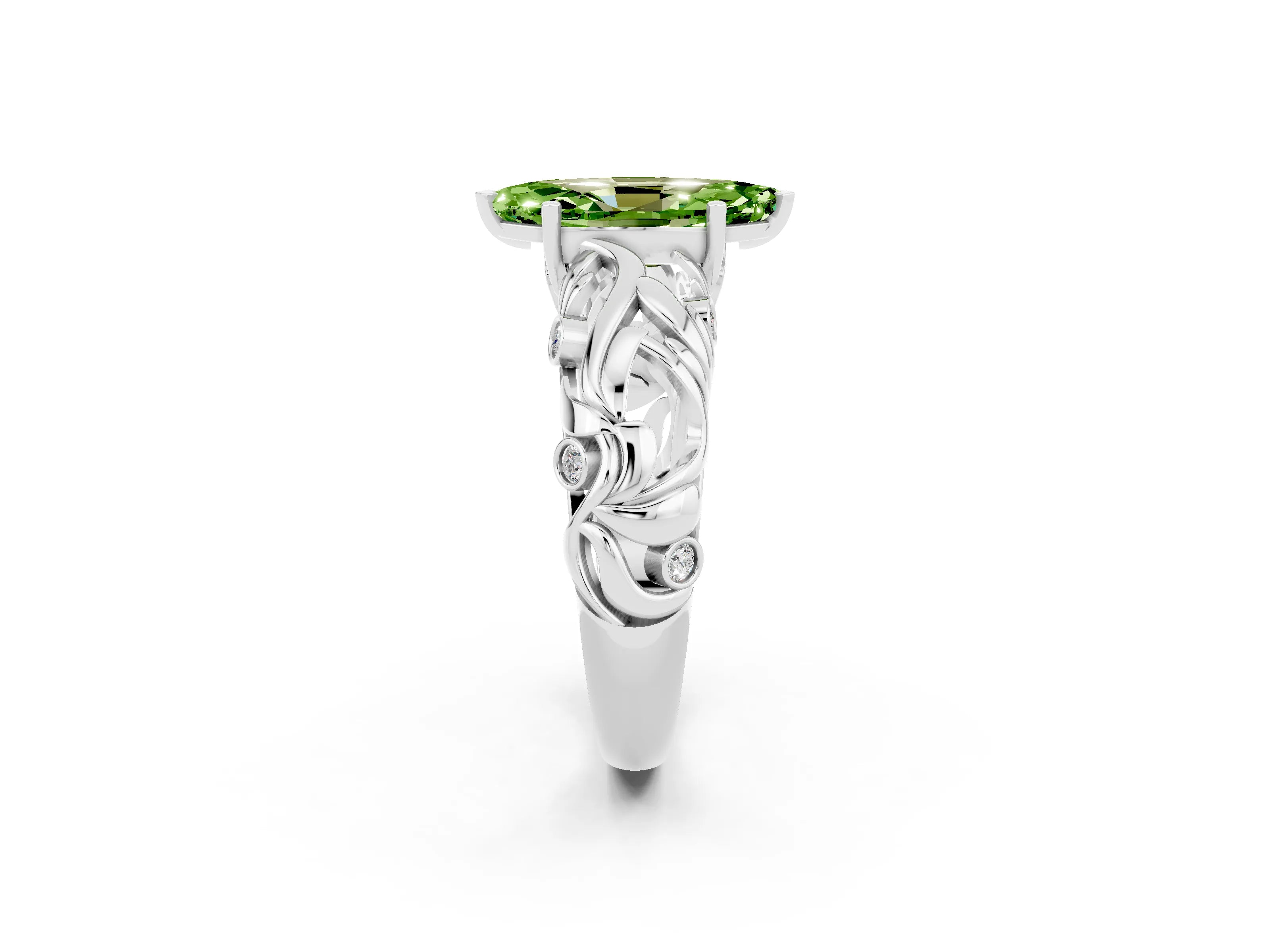 White gold Marquise Cut Solitaire Peridot Leaf-Inspired Vine Band Ring with Prong Setting_2