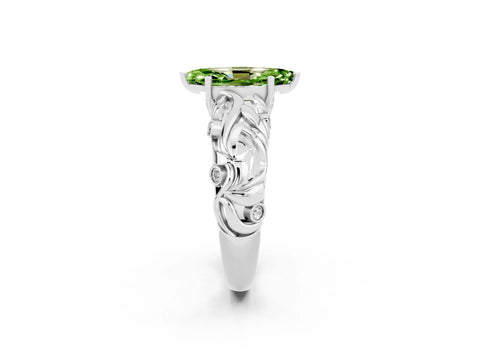 White gold Marquise Cut Solitaire Peridot Leaf-Inspired Vine Band Ring with Prong Setting_2