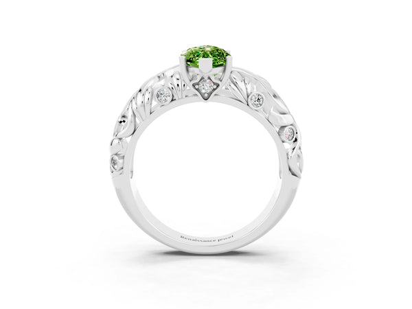 White gold Marquise Cut Solitaire Peridot Leaf-Inspired Vine Band Ring with Prong Setting